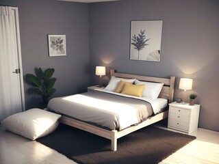 A modern bedroom with a neatly made bed, two bedside tables with lamps, and framed artwork on the walls.