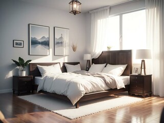 Elegant modern bedroom with a large bed, stylish furnishings, and framed landscape paintings on the wall.