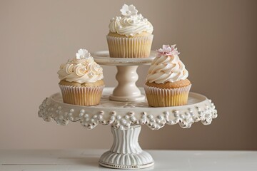 Cupcakes with white frosting on a vintage cake stand. - obrazy, fototapety, plakaty