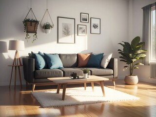 Modern living room with a gray sofa, colorful cushions, wooden coffee table, and indoor plants. Sunlight streams through the window, creating a warm, inviting atmosphere. - obrazy, fototapety, plakaty