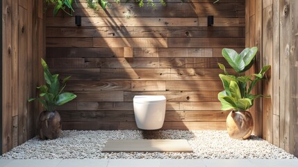 Bathroom interior with white toilet bowl and green plants