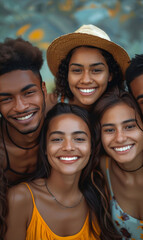 Fototapeta premium Happy, friends and portrait with summer travel, support and trust with young group of people outdoor. Vacation, adventure and students in Mexico for break, together with love and smile for bonding