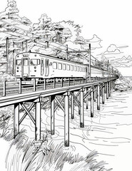 A drawing of a train on a bridge over a river