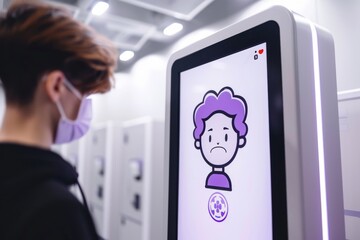 Person wearing a mask uses a self-service check-in kiosk - obrazy, fototapety, plakaty