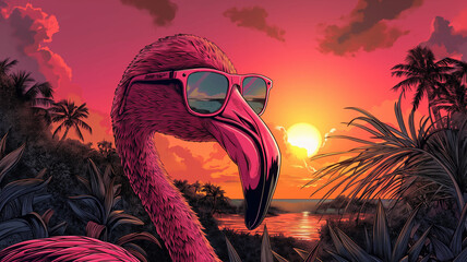 A flamingo wearing sunglasses is standing in front of a sunset