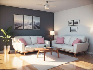 Fototapeta na wymiar Modern living room with white sofas, a wooden coffee table, and wall art in a well-lit interior.