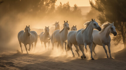 horses galloping at sunset - obrazy, fototapety, plakaty