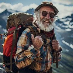 An old man with a long white beard and a plaid shirt is hiking in the mountains. He is wearing a backpack and has a walking stick in his hand. He is smiling and looks happy.