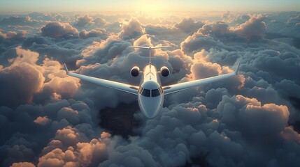 Panorama view of  airplane flying above  clouds