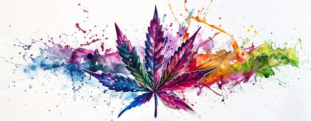 Cannabis leaf on white backdrop, spectrum of rainbow hues converging into green of marijuana plant. Recreational drug consumption, fighting taboo and stigma.