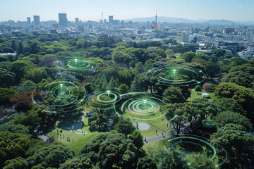 A smart city park with IoT sensors monitoring air quality, noise levels, and park usage.