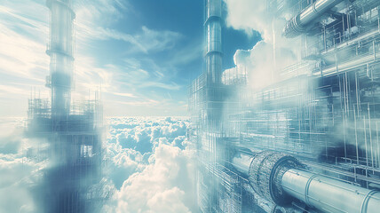 A futuristic cityscape with a cloudy sky and tall buildings