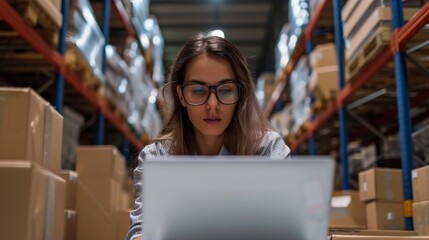 Female Manager Using Laptop Computer To Check Inventory. Warehouse Retail Center with Cardboard boxes, e-Commerce Online Orders, Products Supply