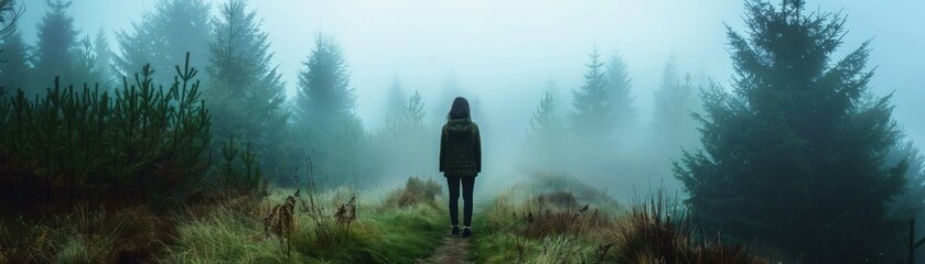 girl standing in a foggy forest