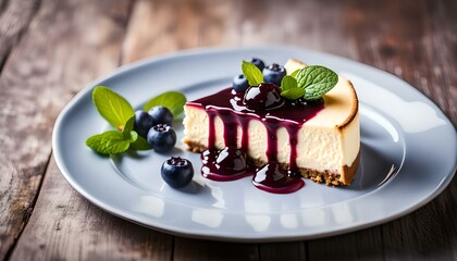 Dessert - piece of New York Cheesecake with blueberry sauce and fresh berry.
