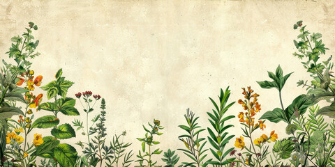 Aged paper background adorned with various wildflowers and plants, creating a vintage botanical collage