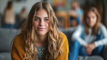 Blonde Teenage Girl with Blue Eyes and Freckles, Smiling for Camera, Sitting In Student Halls