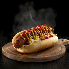 hotdog caliente sobre tabla de madera y fondo negro
