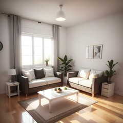 A modern living room with natural light, featuring two sofas, a coffee table, and indoor plants.