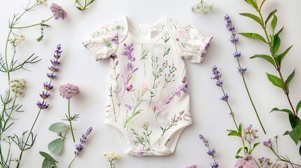 Romper with floral design, watercolor, lavender and green, direct front view, light shading