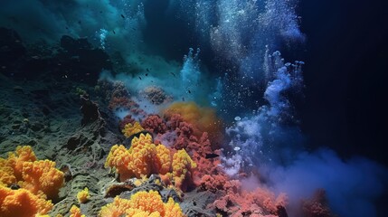 Fototapeta na wymiar Underwater volcano eruption with corals and fishes