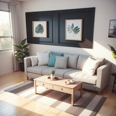 Modern living room with a white sofa, wooden coffee table, and framed botanical prints on the wall.