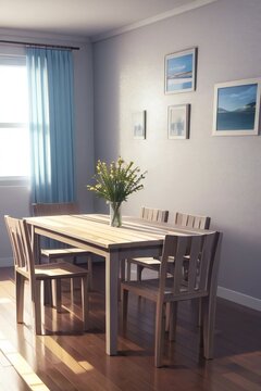A modern dining room with a wooden table and chairs, sunlight streaming through a window, and framed pictures on the wall.