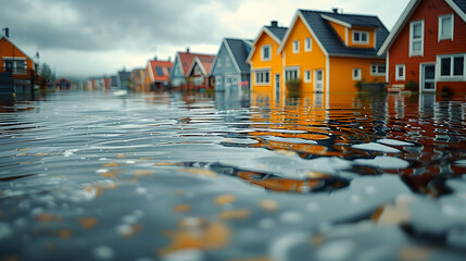 A coastal village during a high tide event, water reaching the doors of homes, showing the impact of rising sea levels