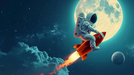 Naklejka premium Astronaut on a rocket on the background of the moon and space