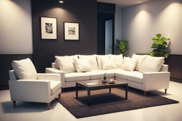 Modern living room with white sofas, a coffee table, and decorative plants, creating a cozy and stylish interior.