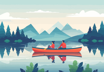 two people in a canoe on a lake - obrazy, fototapety, plakaty