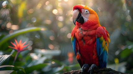 A colorful parrot perched on a flowering branch in the rainforest, its feathers vibrant against the lush green backdrop