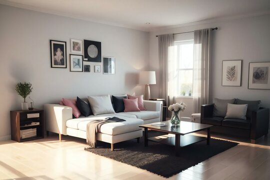 A modern living room with a white sofa, armchair, coffee table, and decorative wall frames in a well-lit interior.