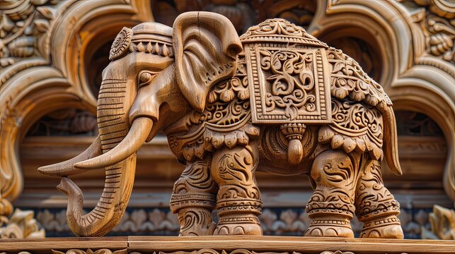 Wooden elephant sculpture with lifelike details and meticulous carving AI Image