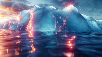 neon color iceberg floating on tranquil waters under a sunset sky