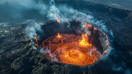 a wonderful landscape of a volcano about to erupt from a bird's eye view, a picture made by artificial intelligence