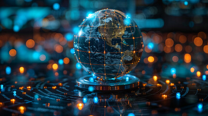 The digital world is centered on the USA, the concept of a global network and connectivity on Earth, data transfer and cyber technology, information exchange, and international telecommunication - obrazy, fototapety, plakaty