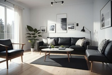 A modern living room with a black sofa, wooden furniture, and framed wall art, bathed in natural light from large windows.