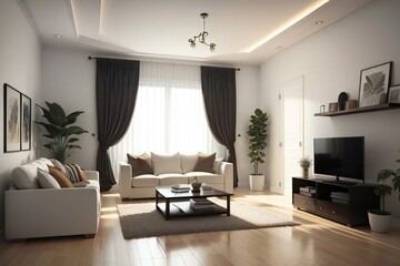 Elegant living room interior with neutral tones, featuring a white sofa, dark curtains, and a variety of houseplants. The room is well-lit with natural light and stylish decor.