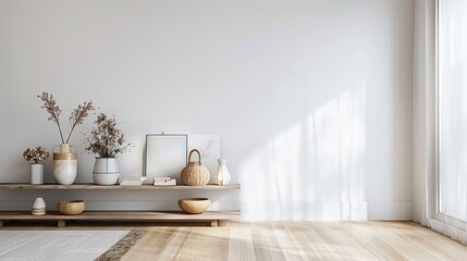Scandinavian photo album nook, 3D render, light wood, simple white spaces, understated design