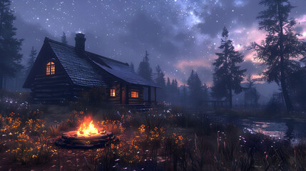 A cozy fire pit area in the backyard of a rural home, surrounded by wildflowers and under a star-filled sky