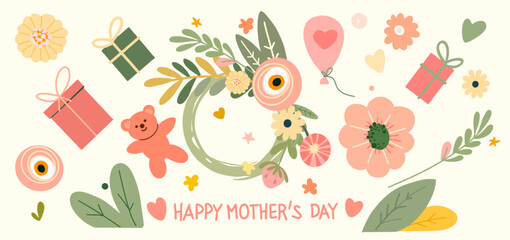 Happy Mother's Day - cute composition of cartoon flat elements in vintage color scheme. For banners, posters, cards, labels, stickers, advertising. Spring digital illustration.