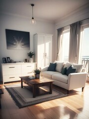 Naklejka na ściany i meble Elegant living room with a white sofa, wooden coffee table, and a balcony view, bathed in natural light.