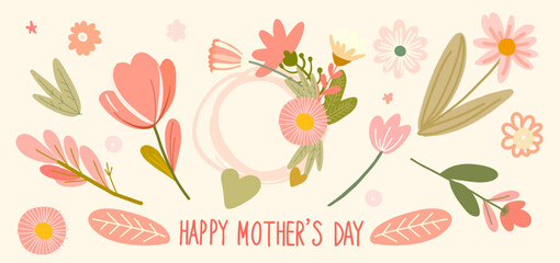 Happy Mother's Day - cute composition of cartoon flat elements in vintage color scheme. For banners, posters, cards, labels, stickers, advertising. Spring digital illustration.