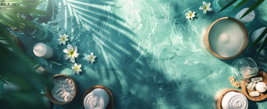 Spa background featuring elements like white sandalwood slabs, palm leaves, swaying flowers