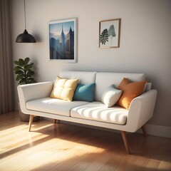 Modern living room interior with a white sofa adorned with colorful pillows, a potted plant, and framed wall art in a sunlit space.