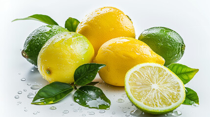 fresh limes and lemons with some waterdrops on white background.