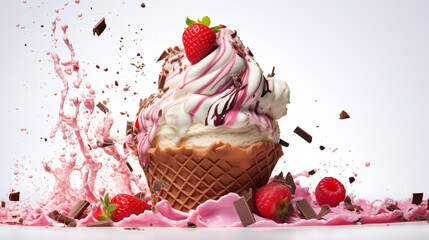 Delicious ice cream explosion on white background