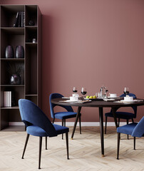 Salmon red interior dining room with blue chairs, poster mock up, 3d rendering