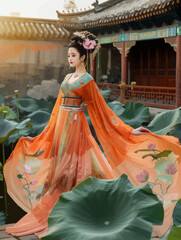 Fototapeta premium a woman in an oriental dress standing in a lotus garden